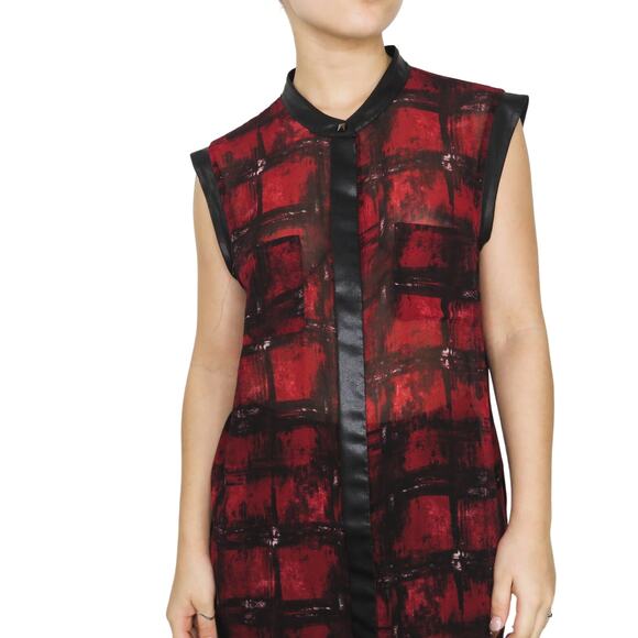 Rock & Republic Sleeveless Mesh Blouse Red & Black Plaid Edgy Button Up Medium - Picture 3 of 9